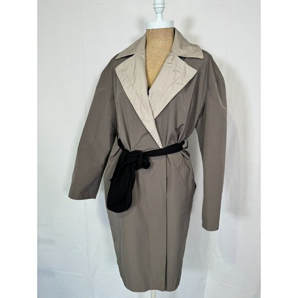 MAX MARA Grey Beige Nylon Rain Trench Coat Reversible Long Jacket Pockets Sz 6 - Picture 13 of 16